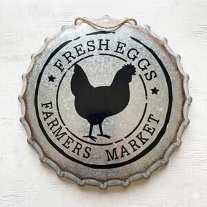 Farmhouse Galvanized Metal Rooster "Fresh Eggs" Bottle Cap Wall Sign 11.5"